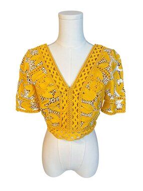 Aijek Marianna Embroidered Lace Crop Top Yellow | Size 2/M